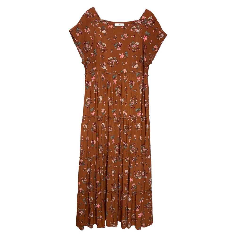 Natural Life Berkley Brown Floral Tiered Maxi Dress L Boho Cottagecore Travel - Picture 5 of 8